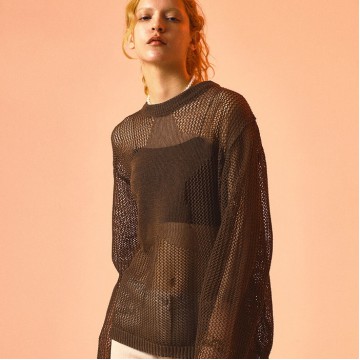 韓國PRENDA - STAR PUNCHING NET KNIT BROWN